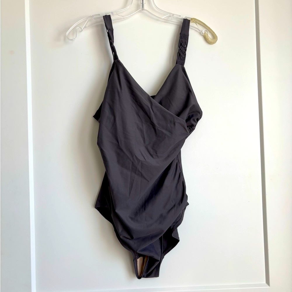 Classy grey/brown wrap style one piece swim suit m